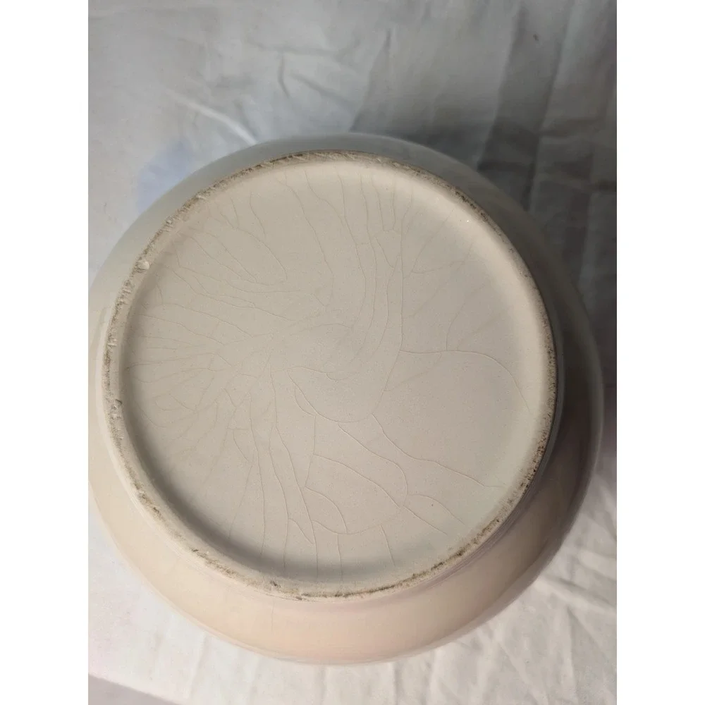Vintage Stoneware Mixing Bowl Cream with Navy Blue Stripes Farmhouse Decor 8.5in